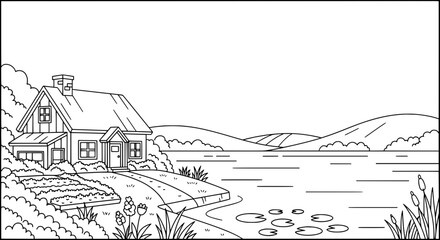 Fototapeta premium Landscape with house, lake, and hills with transparent background