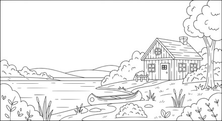 Landscape scene of a lakeside house with transparent background