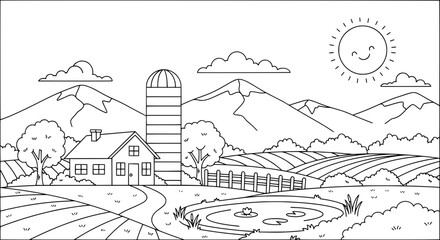 Obraz premium Mountain landscape with farm and pond with transparent background