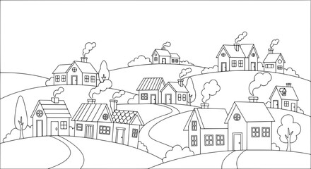 Hilly neighborhood with houses and trees on transparent background