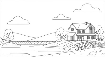 Rural house with trees and landscape with transparent background