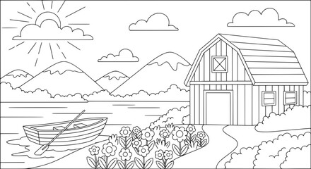 Obraz premium Scenic lake with mountains, boat, and shed with transparent background