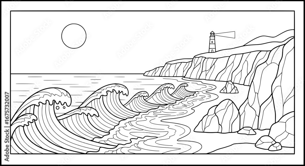 Poster waves crashing along a rugged coastline with lighthouse and moon with transparent background