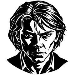 Dramatic black and white portrait of a man with piercing eyes, windswept hair, and intense shadows in bold graphic style