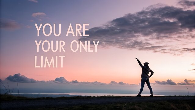 Silhouette of a person celebrating success at sunrise with motivational quote.
