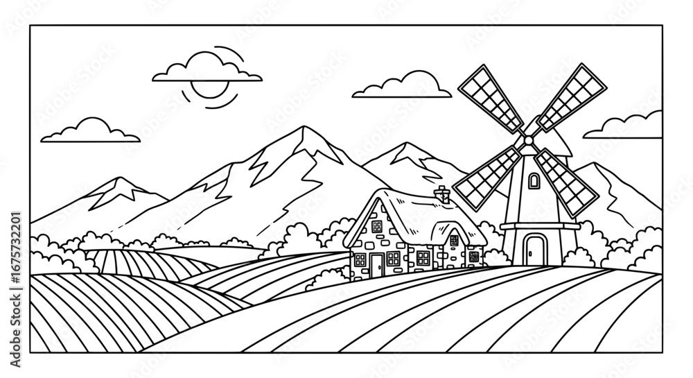 Poster mountain landscape with windmill and fields with transparent background