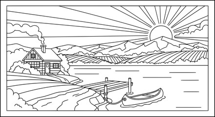 Obraz premium Sunrise over lake with boat and house on transparent background