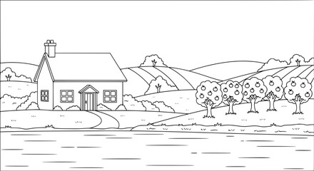 Obraz premium Scenic rural landscape with house and orchard with transparent background