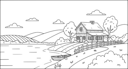 Obraz premium Rural landscape with a house, trees, and water with transparent background