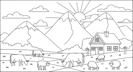 Fototapeta premium Mountain landscape with house and cows with transparent background