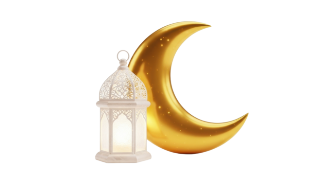 Elegant golden crescent moon and ornate white lantern, symbolizing Ramadan or Eid celebrations, isolated on a clean white background. - Powered by Adobe