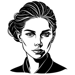 Elegant chiaroscuro portrait of woman with swept-back hair, captivating eyes, and timeless features in dramatic contrast