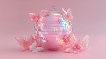 A glistening pink disco ball is surrounded by delicate pastel butterflies against a soft pink backdrop.