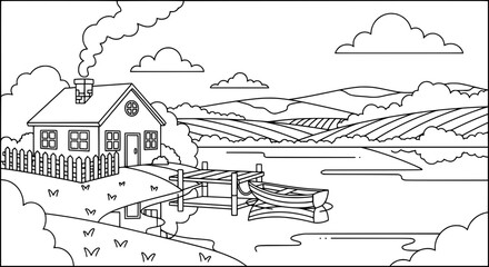 Rural landscape with house, river and mountains with transparent background