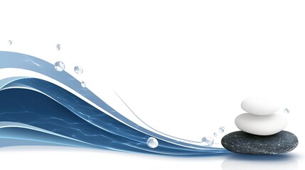The white background, featuring waves and a small pile of smooth pebbles, creates an elegant display for wellness or spa promotional content, suitable for wellness-focused events in digital media.