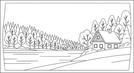 Fototapeta premium Scenic landscape with house and trees with transparent background