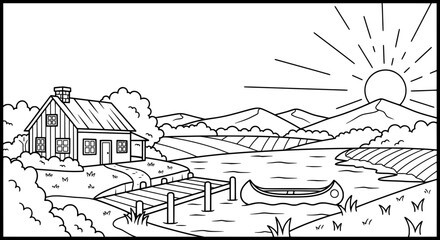 Obraz premium Landscape with mountains house river and sun with transparent background