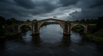 Fototapeta premium Stone bridge emerging during stormy evening, stone walls weathered featuring dramatic lighting and textures