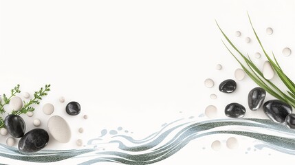 The white background, featuring waves and a small pile of smooth pebbles, creates an elegant display for wellness or spa promotional content, suitable for wellness-focused events in digital media.