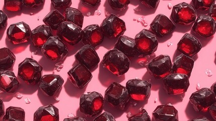 A vibrant array of multifaceted ruby-like gemstones, arranged on a soft pink surface, casts intriguing shadows.