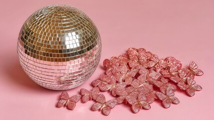 A glamorous disco ball and a cluster of rose gold glitter butterflies rest on a vibrant pink backdrop, creating a festive and celebratory scene.