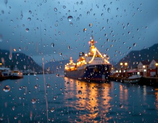 Fototapeta premium Rainy Night Harbor Scene with Illuminated Ship
