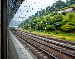 Fototapeta premium Rural Train Station with Moving Train Rainy Environment