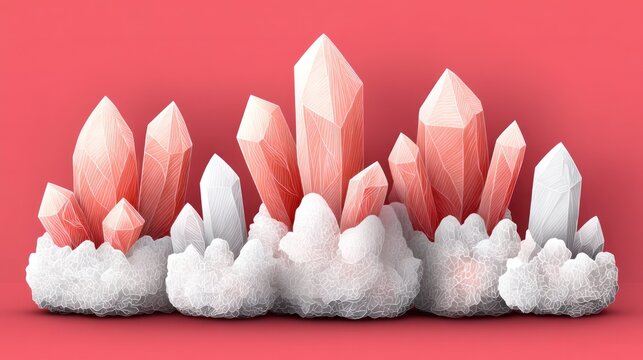 A grouping of stylized, multifaceted crystals in soft coral and white hues sits atop textured, cloud-like formations against a vibrant red backdrop.