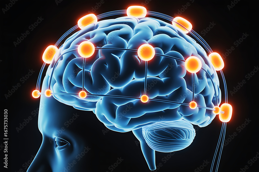 Poster 3d scientific visualization of brain neural connectivity with highlighted nodes and pathways represe