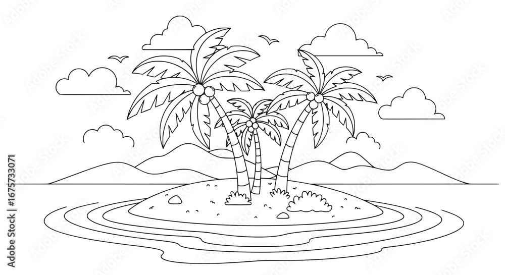 Poster tropical island with palm trees and clouds with transparent background