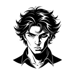 Dramatic black and white portrait of young man with windswept hair and intense expression in graphic novel style