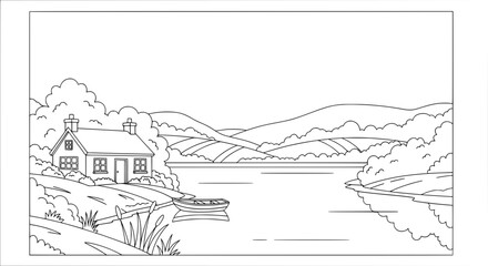 Scenic landscape with house and river with transparent background
