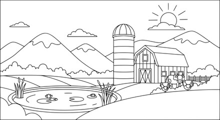 Obraz premium Farm scene with barn and mountains with transparent background