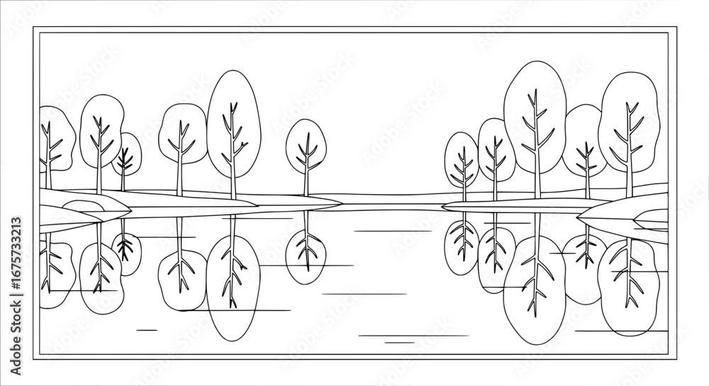 Poster landscape scene with trees and river with transparent background