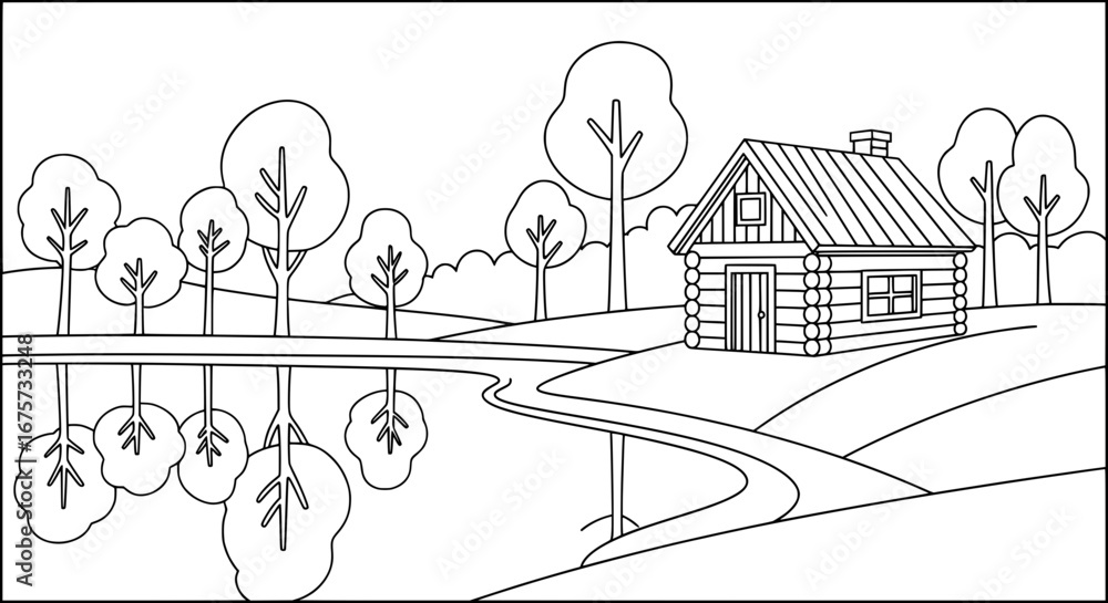 Poster log cabin with surrounding trees and landscape with transparent background