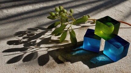 Three translucent, colorful cubes sit atop one another, illuminated by natural light, casting intricate shadows on a light beige surface, with a leafy branch adding a touch of nature to the still...