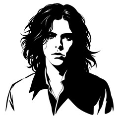 Dramatic Black and White Portrait of a Young Man with Wavy Hair and Intense Gaze in High Contrast Brooding Silhouette