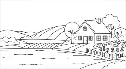 Rural landscape with house and trees with transparent background