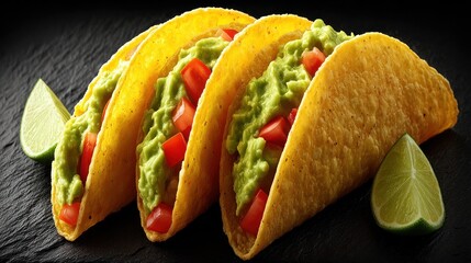 Three delicious tacos filled with avocado and tomato are beautifully arranged on a dark surface, with a lime wedge for added flavor and visual appeal.