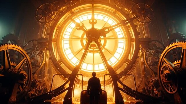 Steampunk Clock Mechanism with Man, Time Travel Concept, Vintage Style