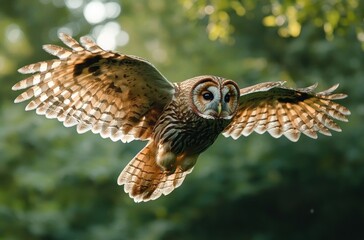Majestic owl gliding through a sunlit forest with wings fully spread, showcasing intricate feather patterns and focused gaze