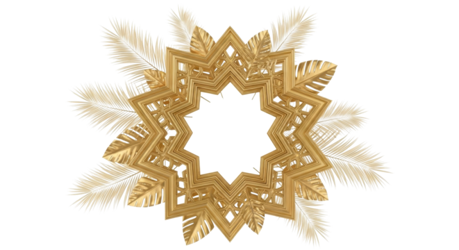Golden ornate star shape surrounded by decorative feathers and leaves on a white background.