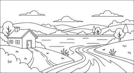 Obraz premium Landscape with house trees and water with transparent background