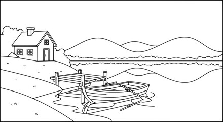 Obraz premium Scenic lakeside landscape with house and boat with transparent background