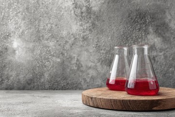 Two Erlenmeyer flasks filled with red liquid on a wooden circular stand set against a textured gray backdrop