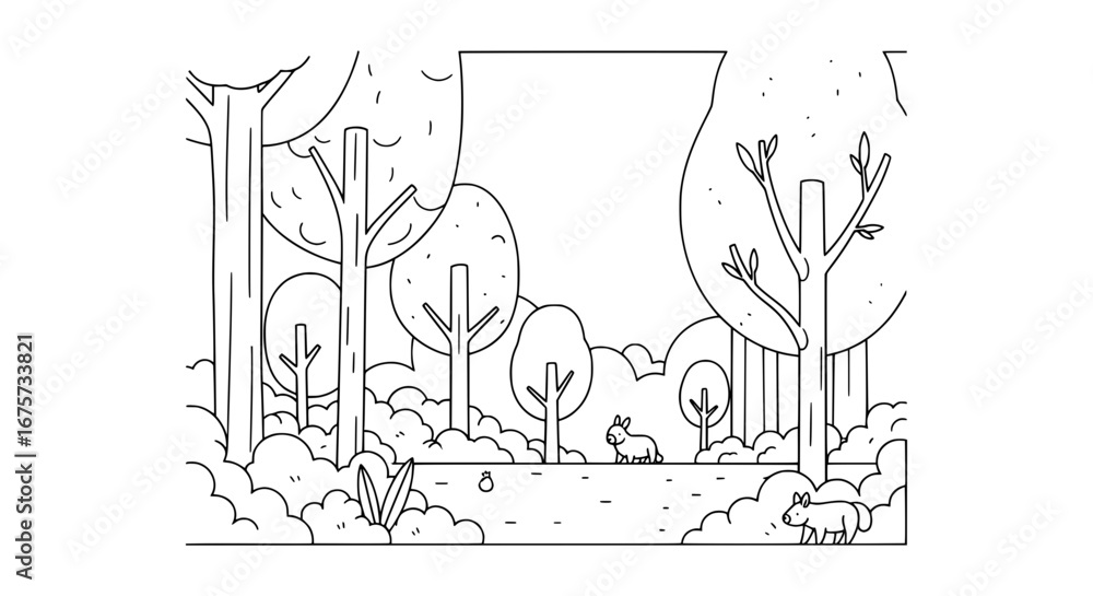 Poster forest scene with trees and wildlife with transparent background