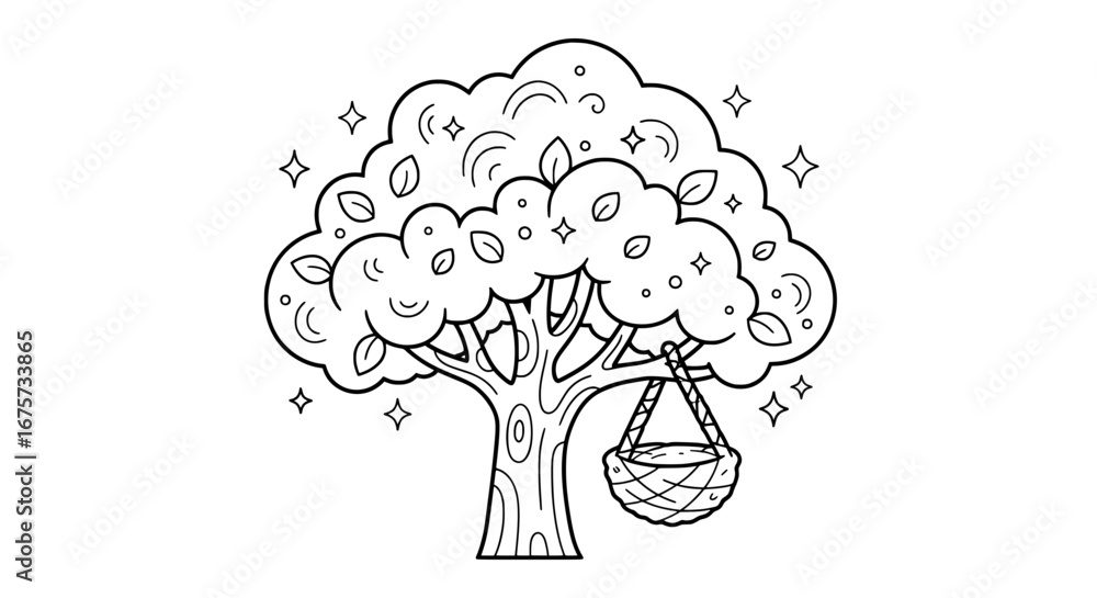 Poster tree with basket of fruit on branches with transparent background