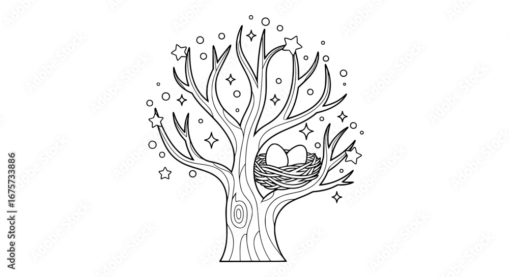 Aufkleber tree with nest and stars with transparent background