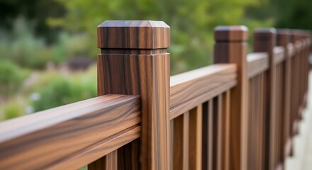 Close up of a wooden fence railing outdoors.
