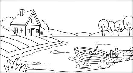 Obraz premium Lineart of rural landscape with house and river with transparent background